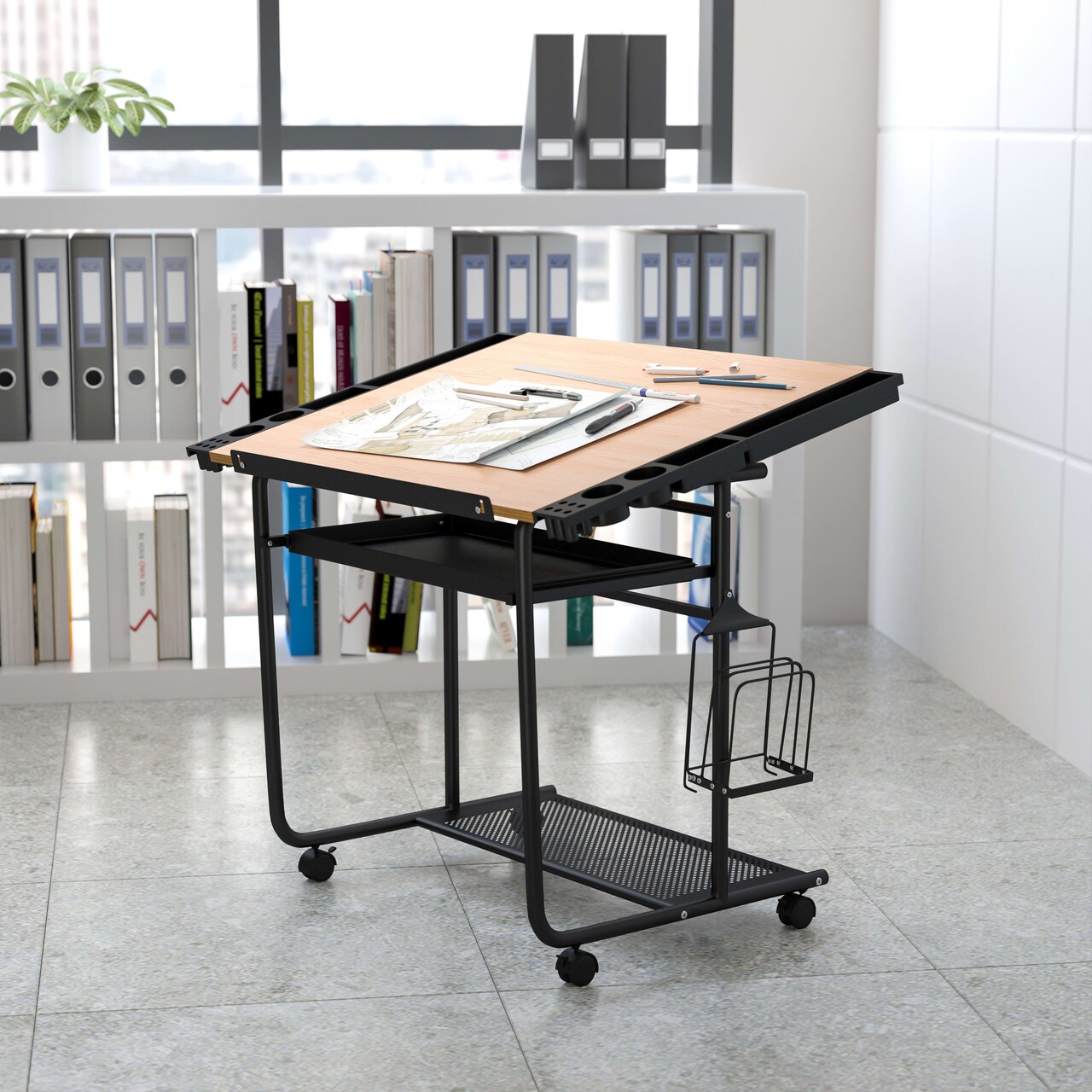 Emma and Oliver Adjustable Drawing and Drafting Table with Black Frame and Dual Wheel Casters